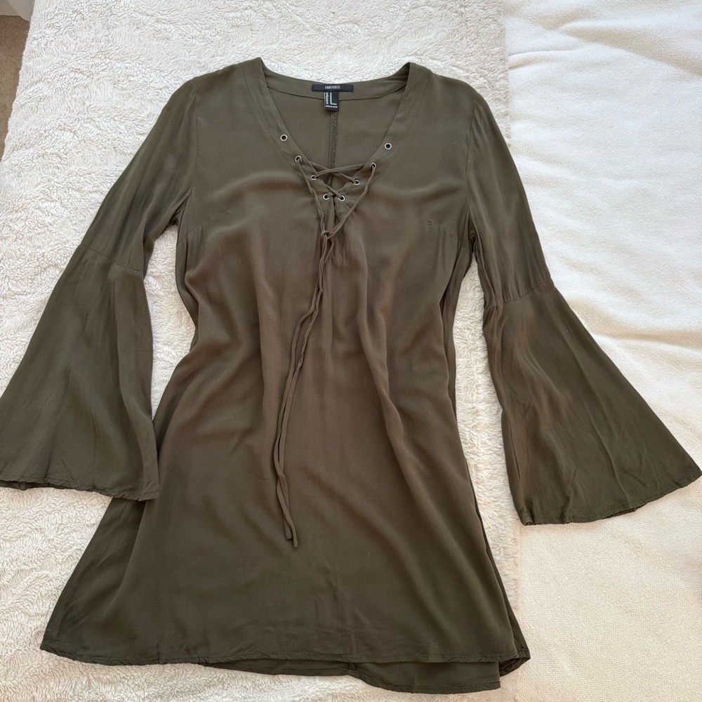 Olive Green Lace-Up Bell Sleeve Dress